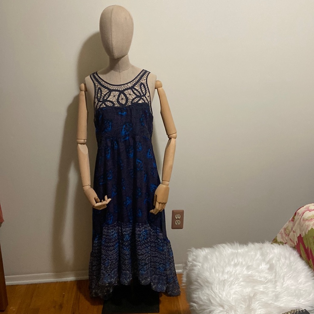 Free People Dress lace front Black Purple Blue White pattern. D8